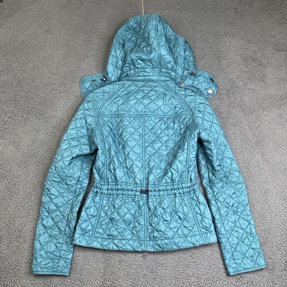 Burberry Brit Jacket Womens Small Teal Quilted Hooded Nylon Full Zip Plaid Lined - Picture 16 of 16